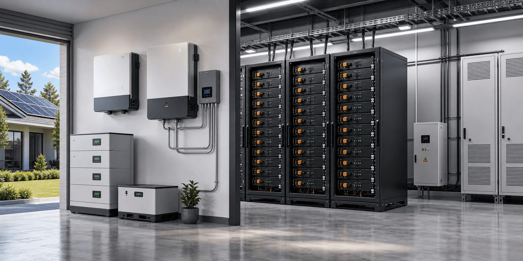 Photorealistic residential wall batteries and commercial rack batteries organized into a scalable storage platform view