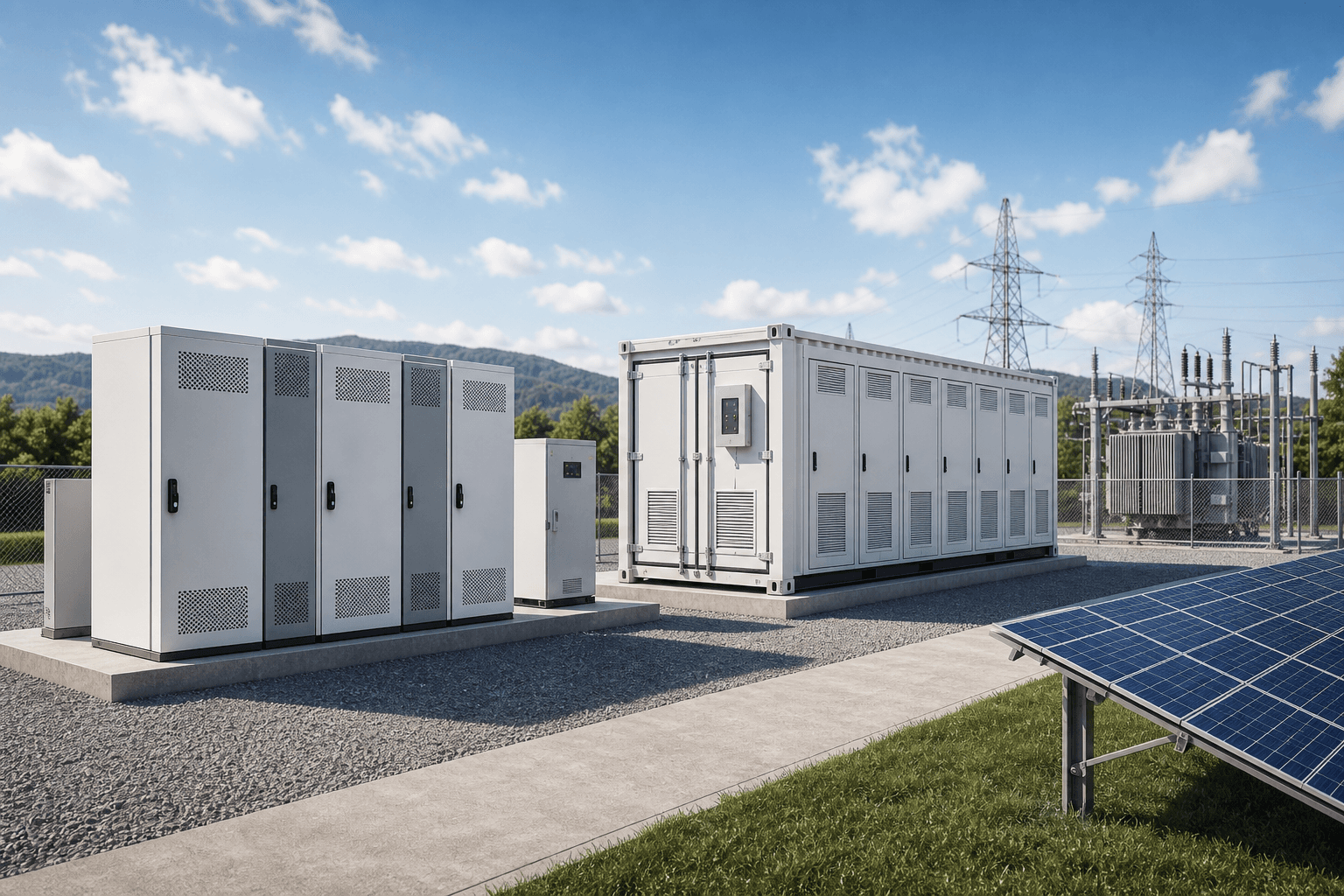 Photorealistic cabinet and containerized ESS systems presented together for project-scale storage matching