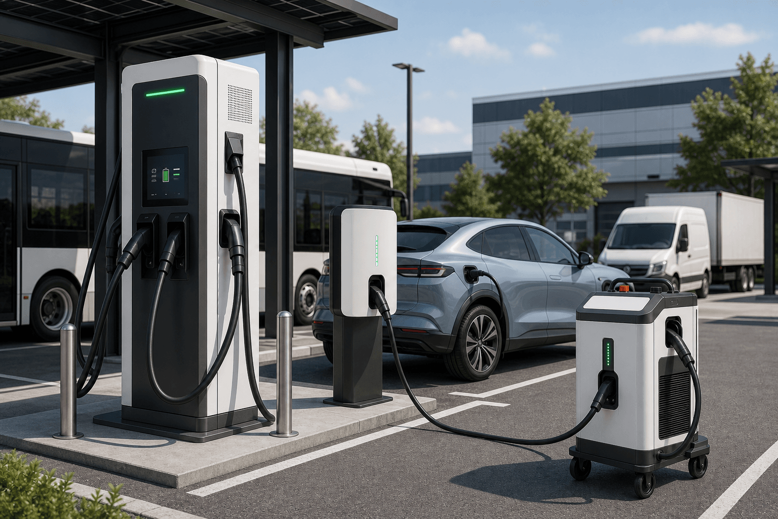 Photorealistic EV charging ecosystem combining fixed DC stations, mobile charger units and fleet charging context
