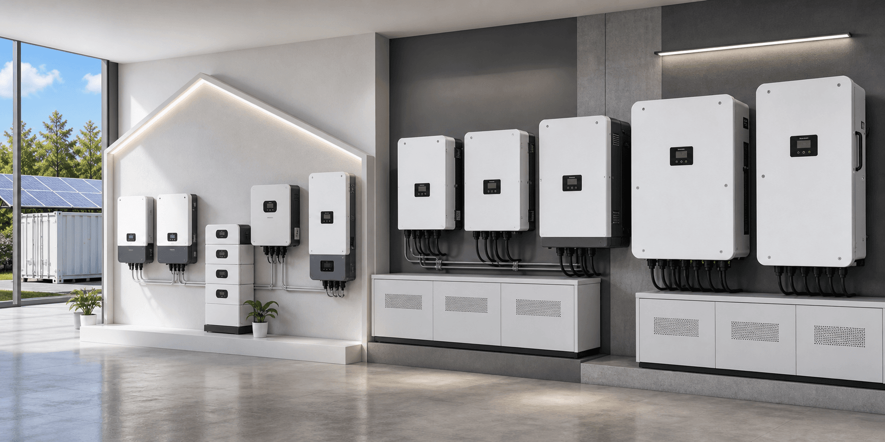 Photorealistic three-phase commercial inverter and residential inverter families combined in a unified sourcing scene