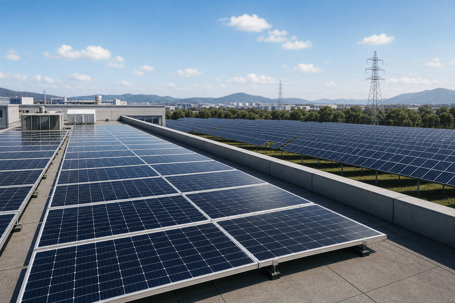 Photorealistic combined distributed rooftop and utility-scale solar module sourcing scene for category-level matching