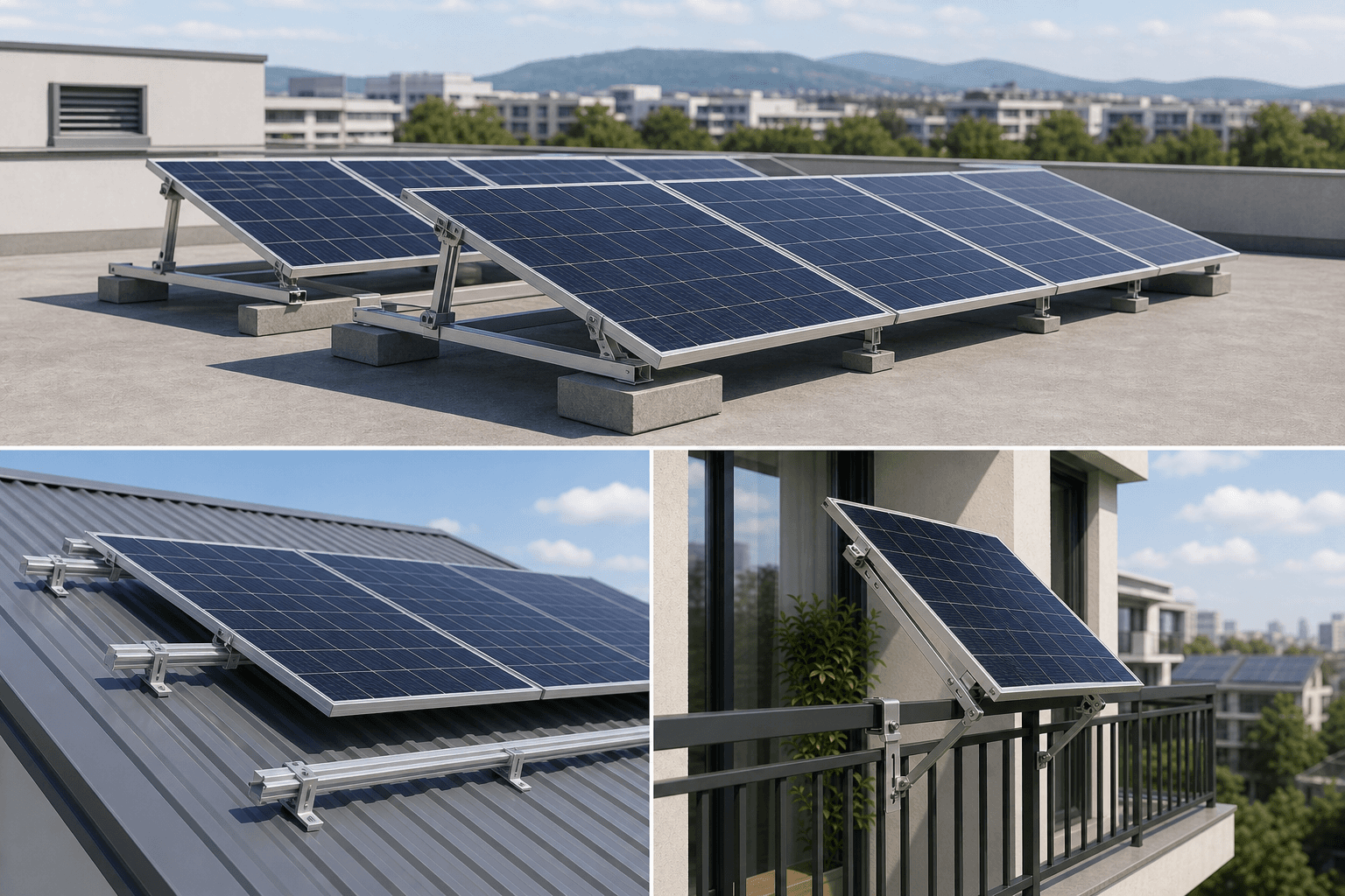 Photorealistic solar mounting structures across flat-roof, metal-roof and balcony applications in one sourcing view