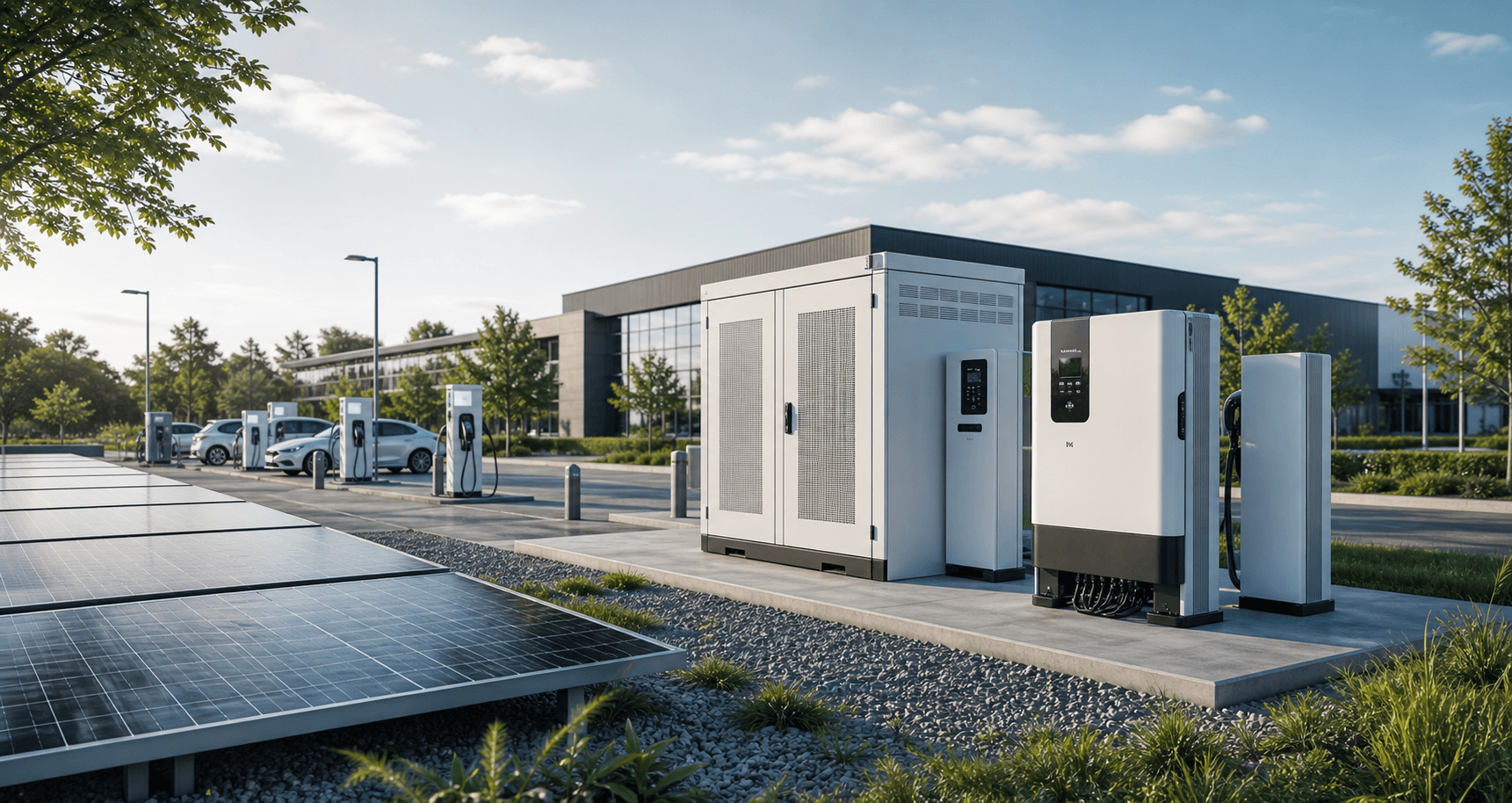 Photorealistic commercial clean-energy ecosystem with solar modules, inverter equipment, battery storage and EV charging infrastructure