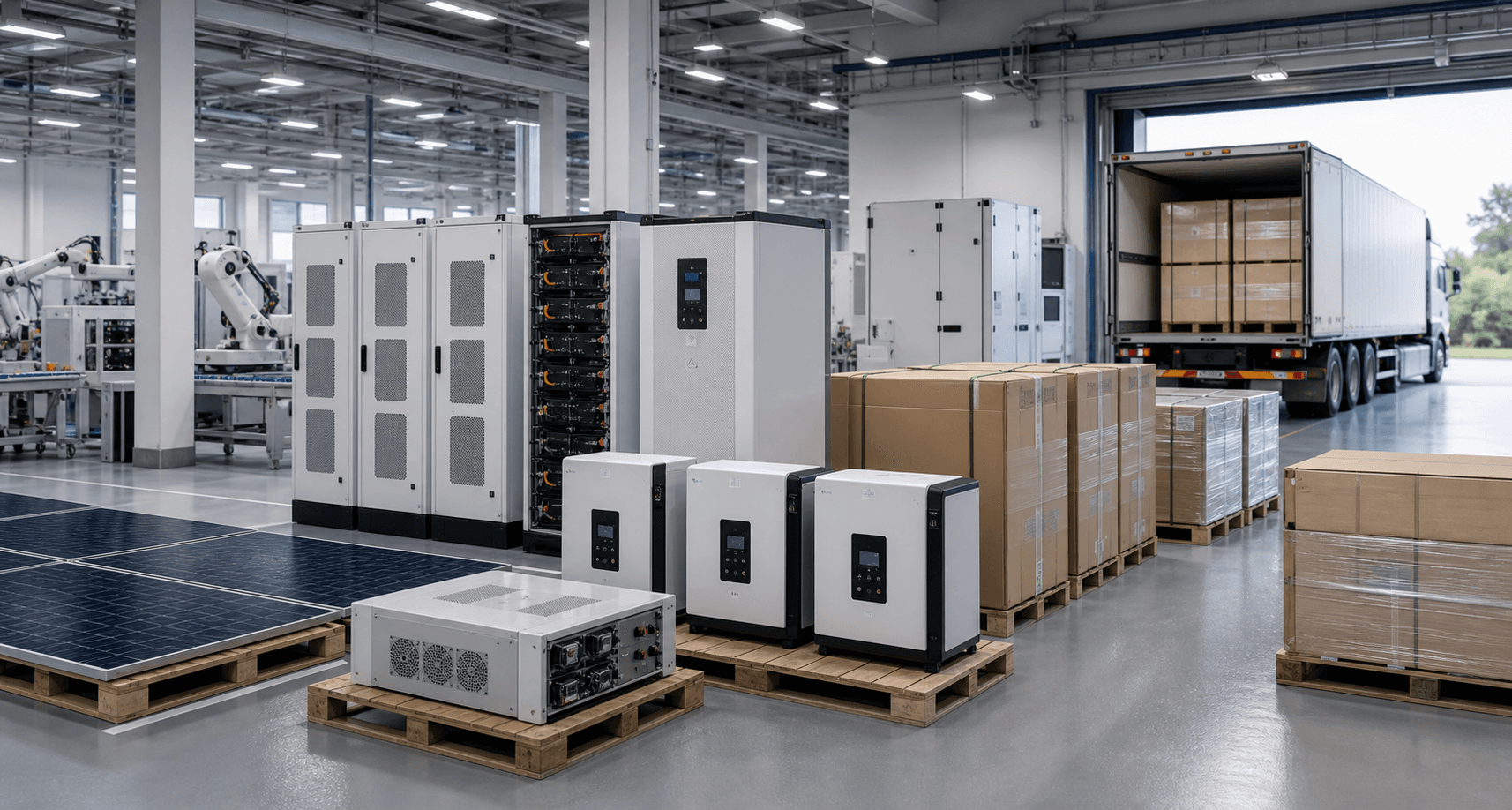 Clean-energy equipment and export packaging scene representing international supply and delivery coordination
