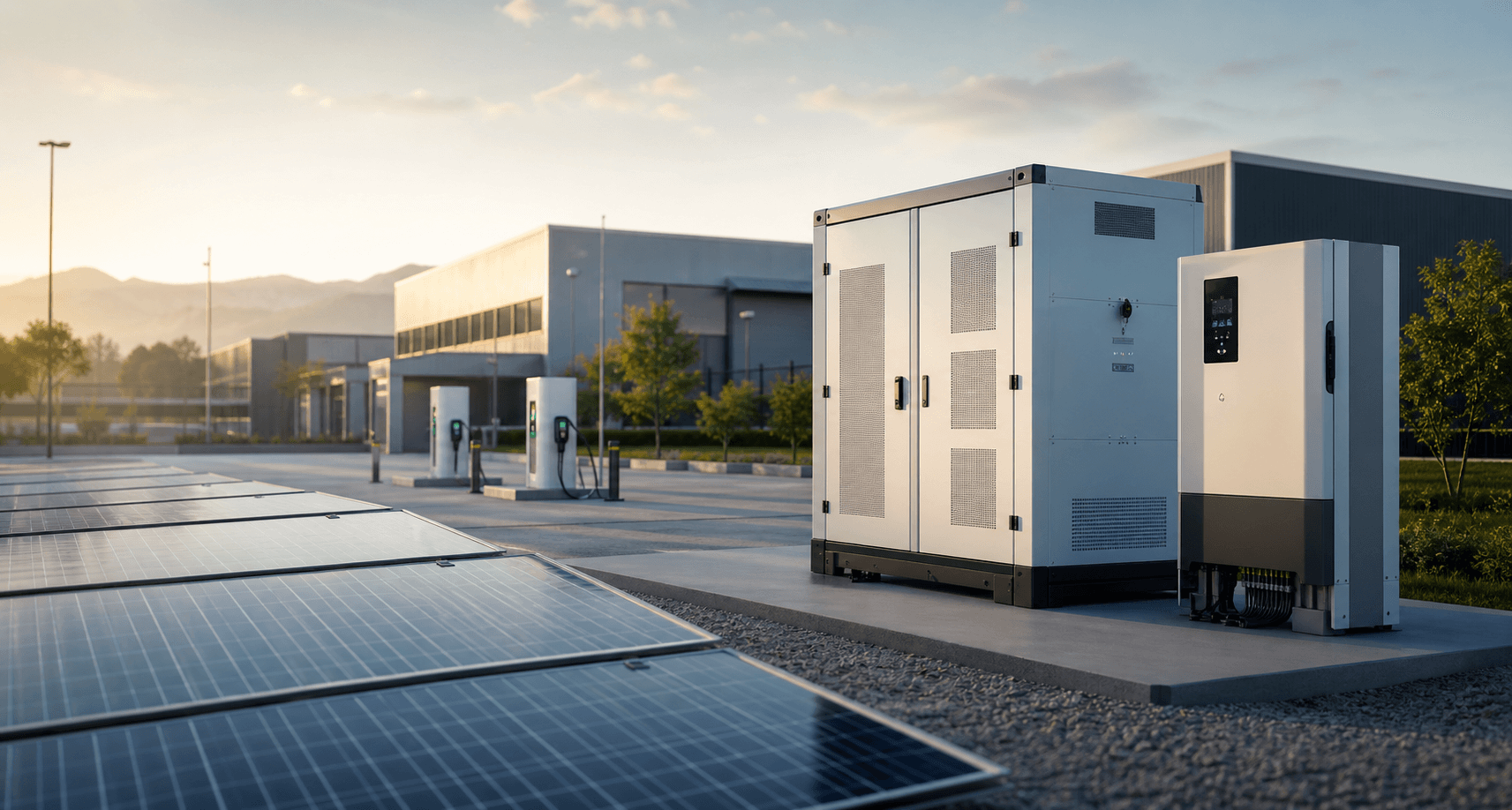 Photorealistic clean-energy project campus with solar panels, inverter, battery storage cabinet and export-oriented industrial setting