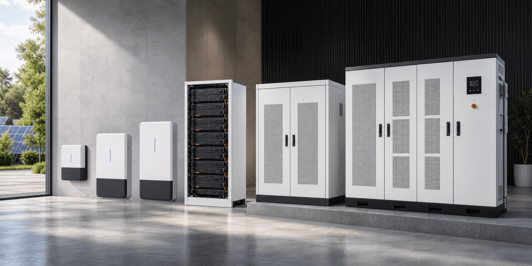 Photorealistic energy storage battery lineup from wall-mounted home batteries to rack and cabinet systems