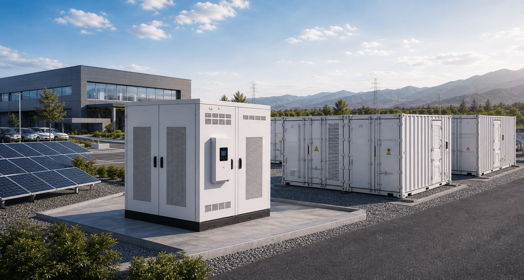 Photorealistic ESS system deployment showing cabinet and containerized storage for project-scale use