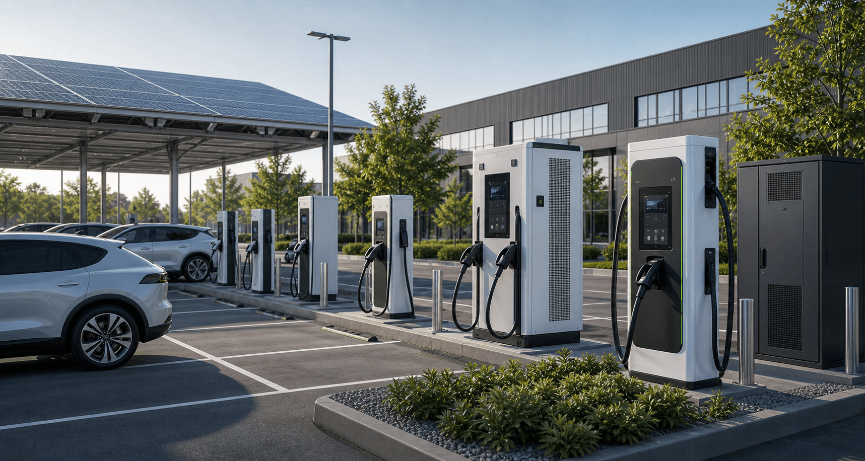 Photorealistic commercial EV charging stations and high-power charging equipment in a modern site environment