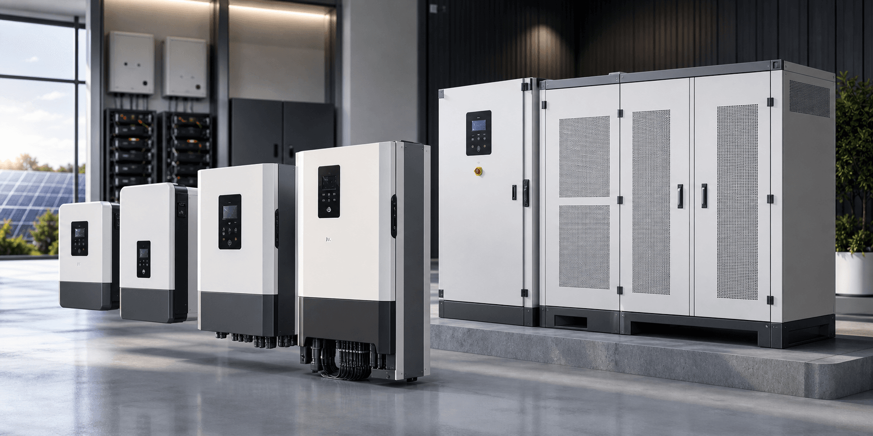 Photorealistic lineup of residential and commercial solar inverters in a premium clean-energy project environment