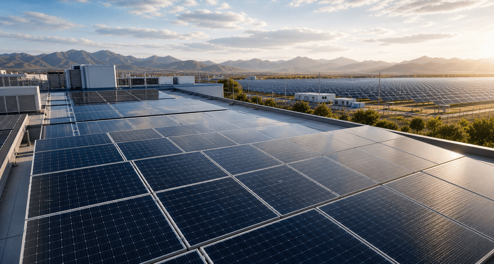 Photorealistic solar module scene spanning rooftop and utility-scale project applications