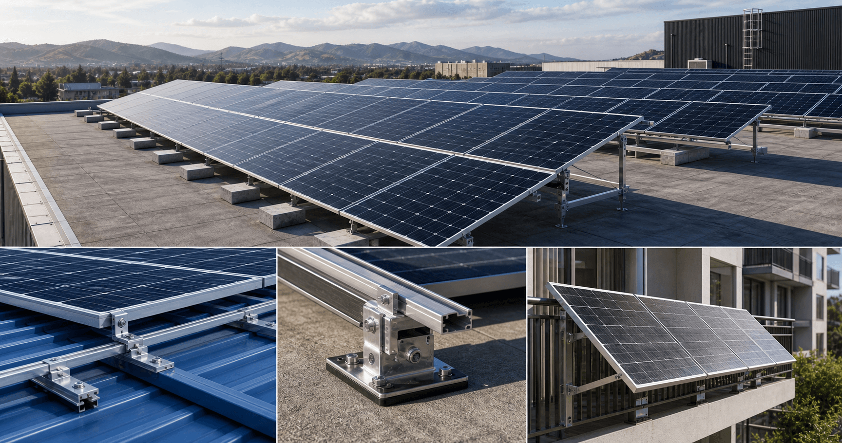 Photorealistic solar mounting structures across flat roof, metal roof and balcony installation contexts