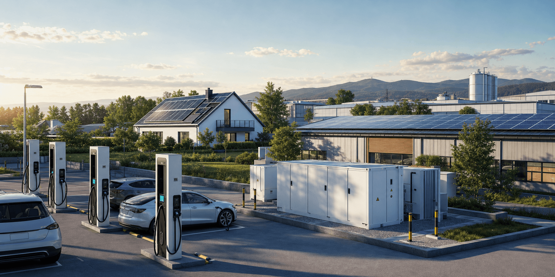 Photorealistic mixed-use solar and storage application scene with rooftop solar, EV charging and site-level battery support