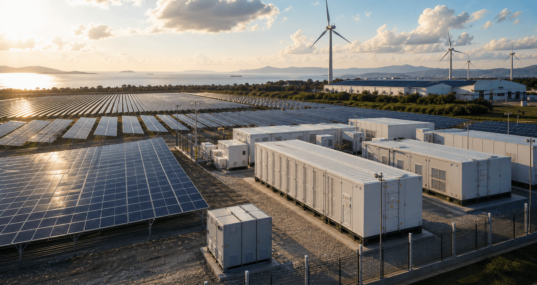 Photorealistic overseas solar and storage references presented as market-facing trust evidence and application context