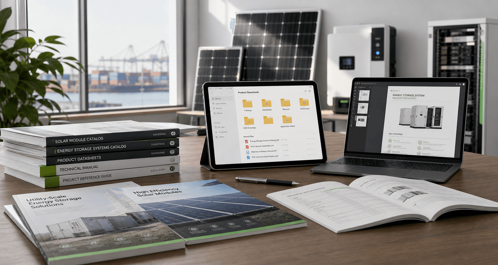 Photorealistic download library scene with digital folders, product manuals, catalogs and export documentation