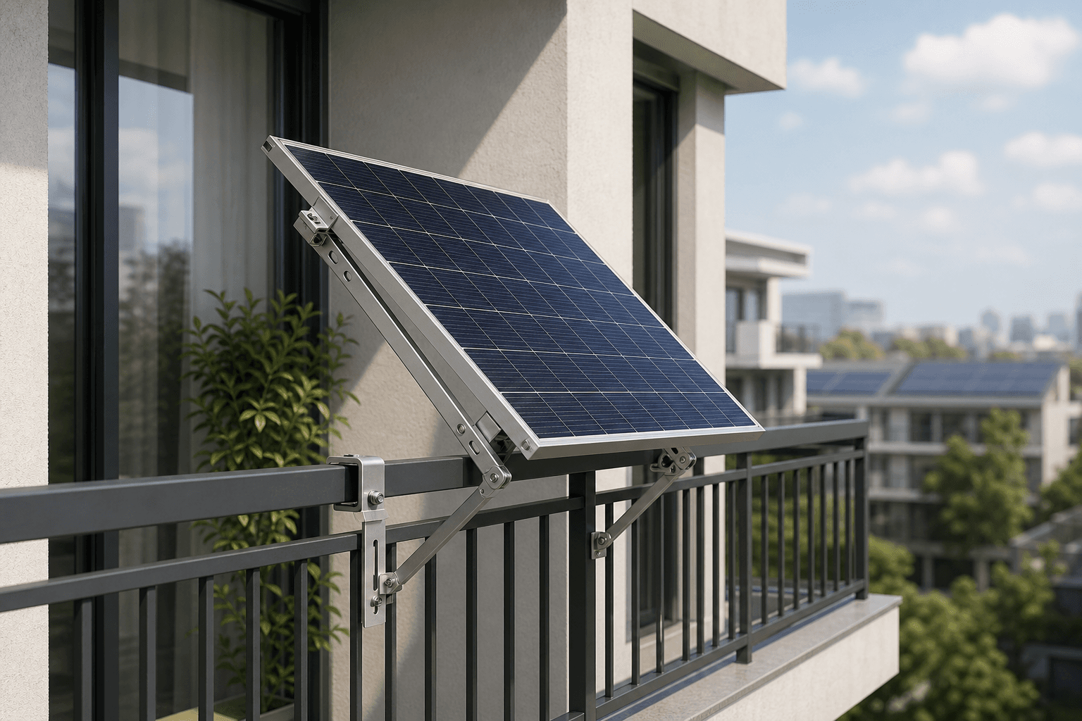 Photorealistic adjustable balcony mounting structure for compact residential solar deployment