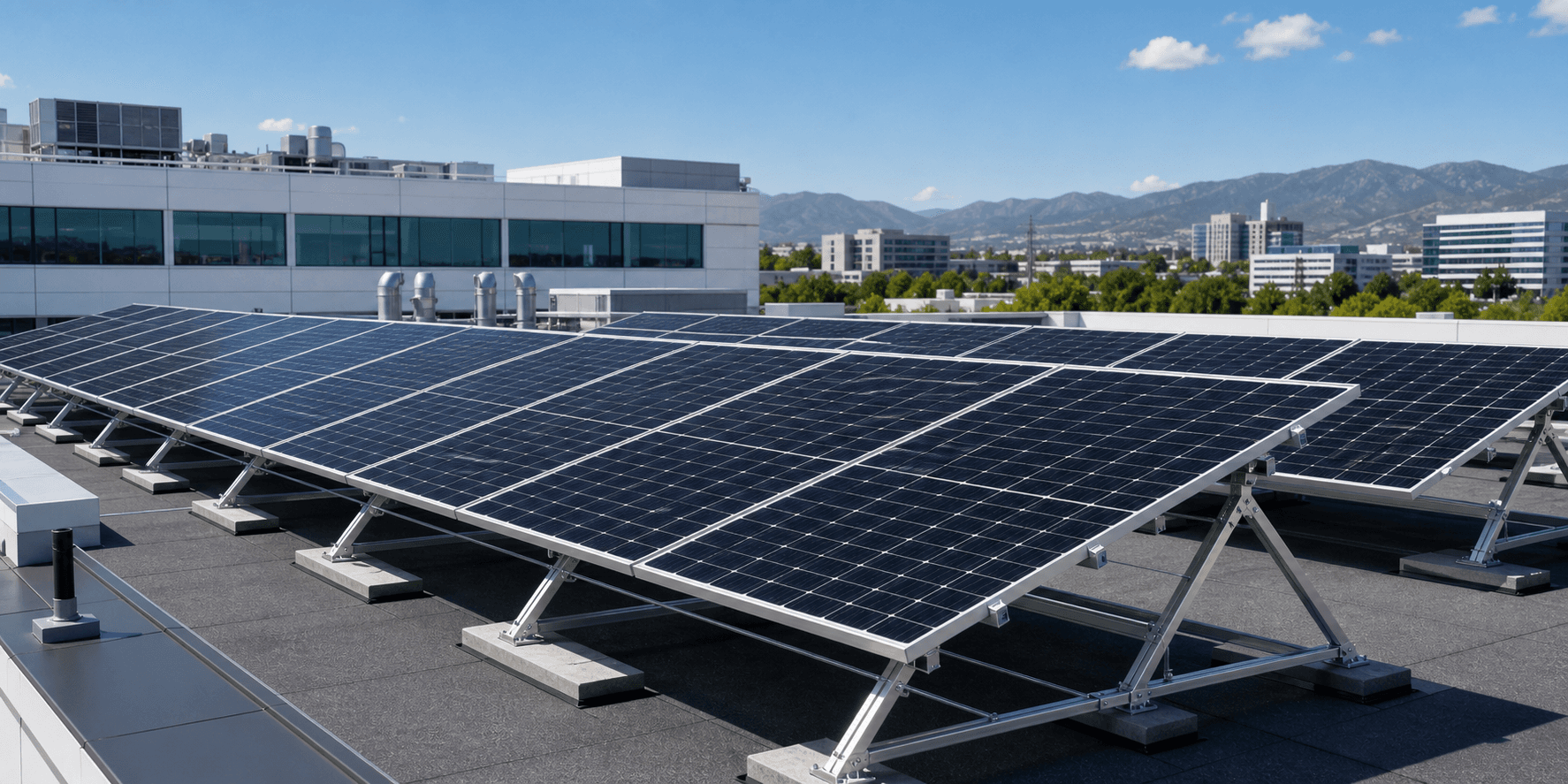 Photorealistic flat rooftop tripod mounting system for commercial solar installations