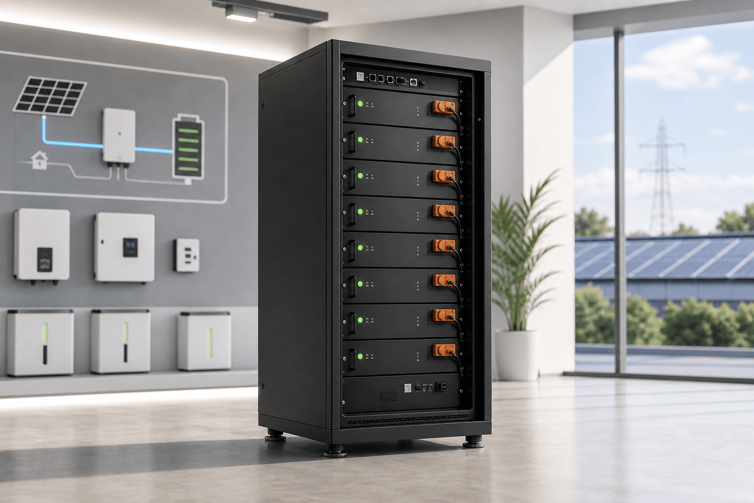 Photorealistic 16kWh low-voltage rack battery cabinet for residential and light commercial storage systems