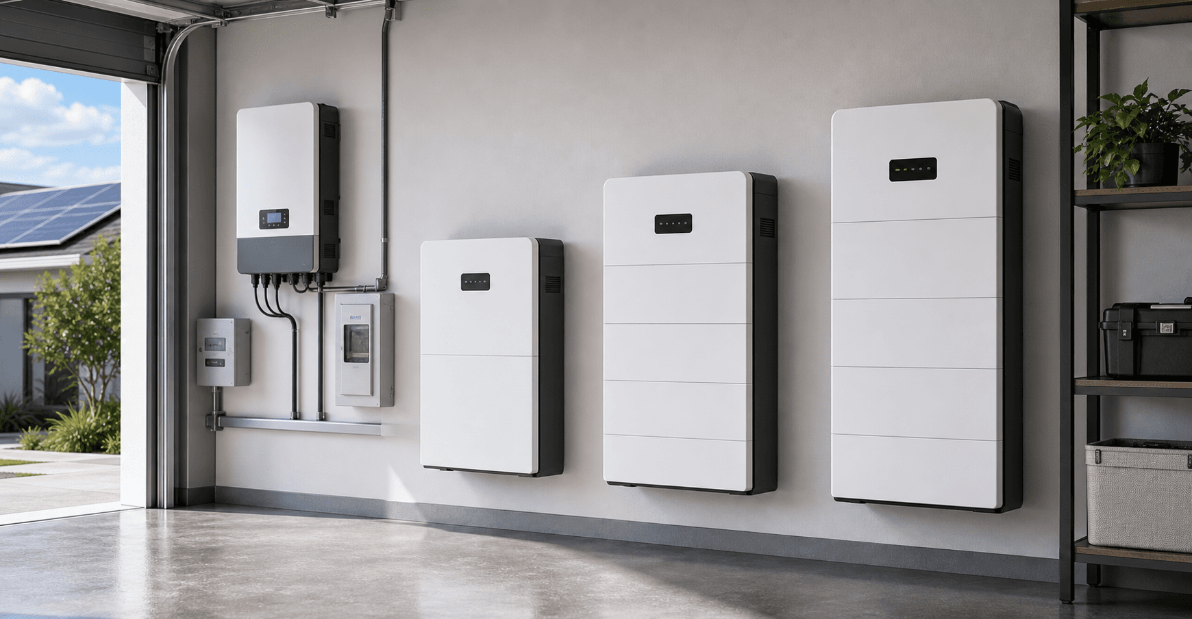 Photorealistic wall-mounted residential battery systems in 5 to 10kWh low-voltage range