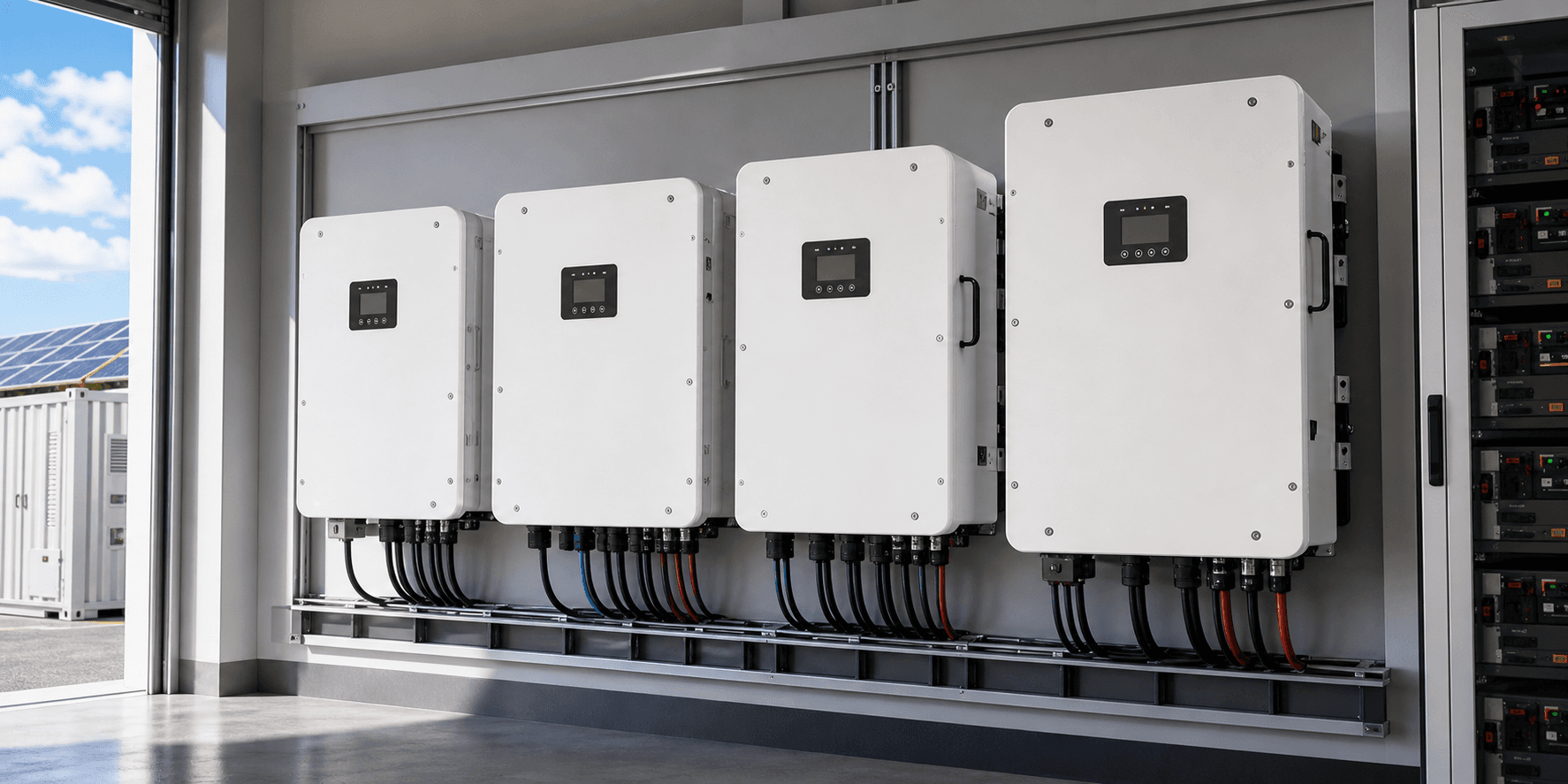 Photorealistic commercial three-phase hybrid inverter lineup for solar and storage projects