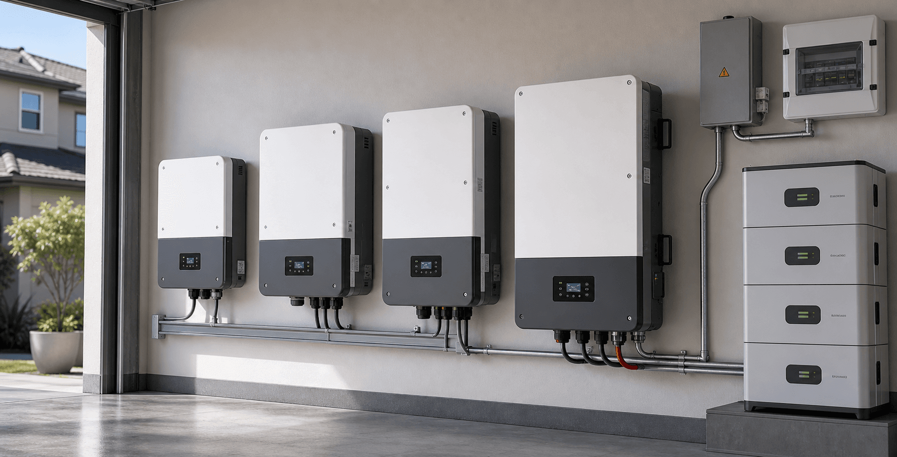 Photorealistic split-phase 48V inverter system with residential backup context