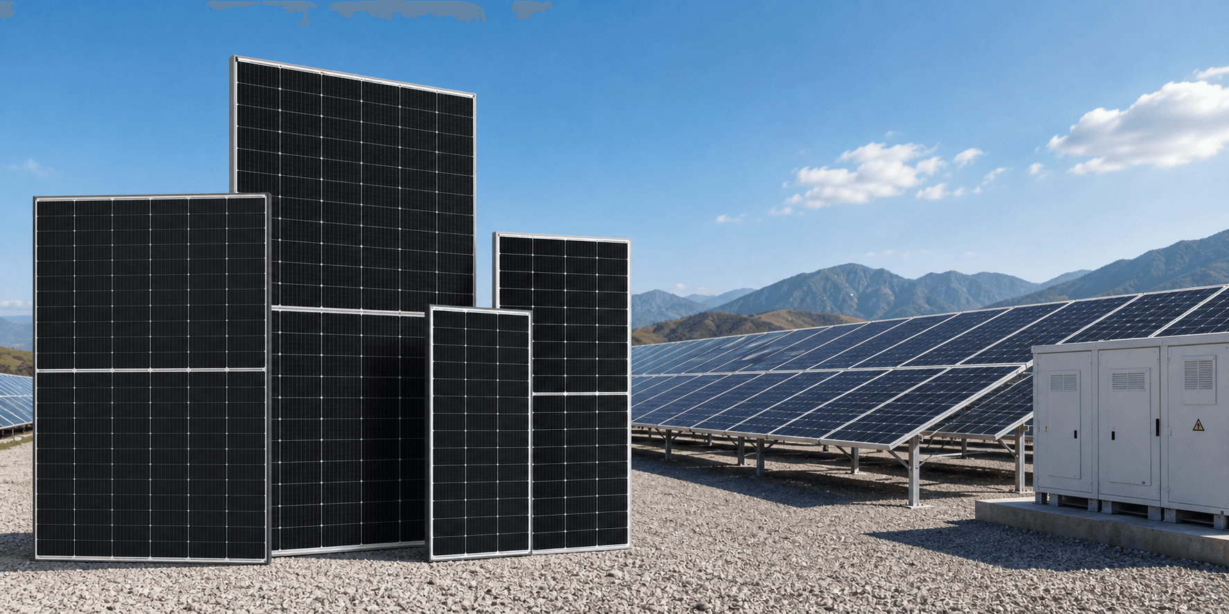 Photorealistic high-efficiency TOPCon solar modules across distributed and utility project contexts