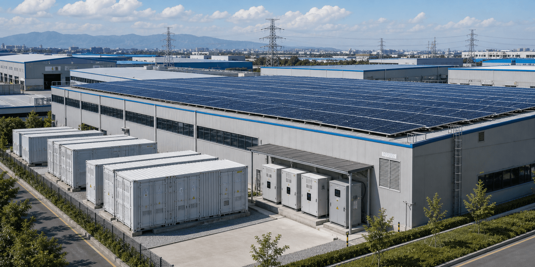 Photorealistic commercial rooftop generation, inverter room and energy storage deployment inside one industrial energy layout