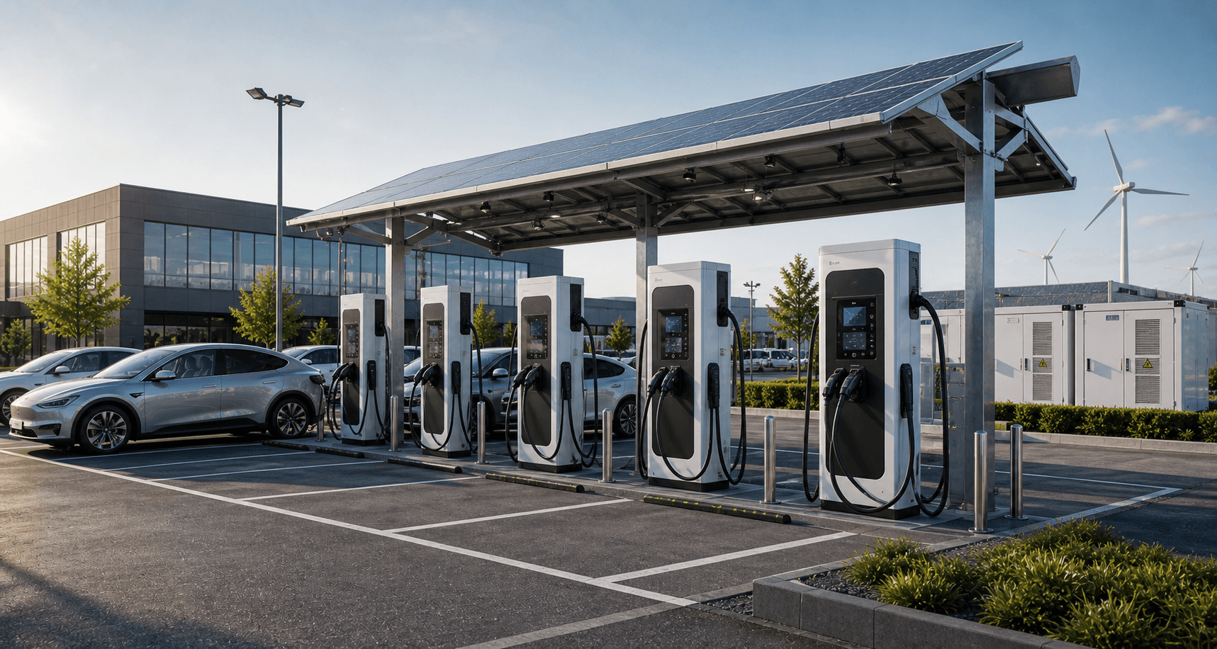 Photorealistic commercial EV charging plaza with solar canopy and premium DC charging stations