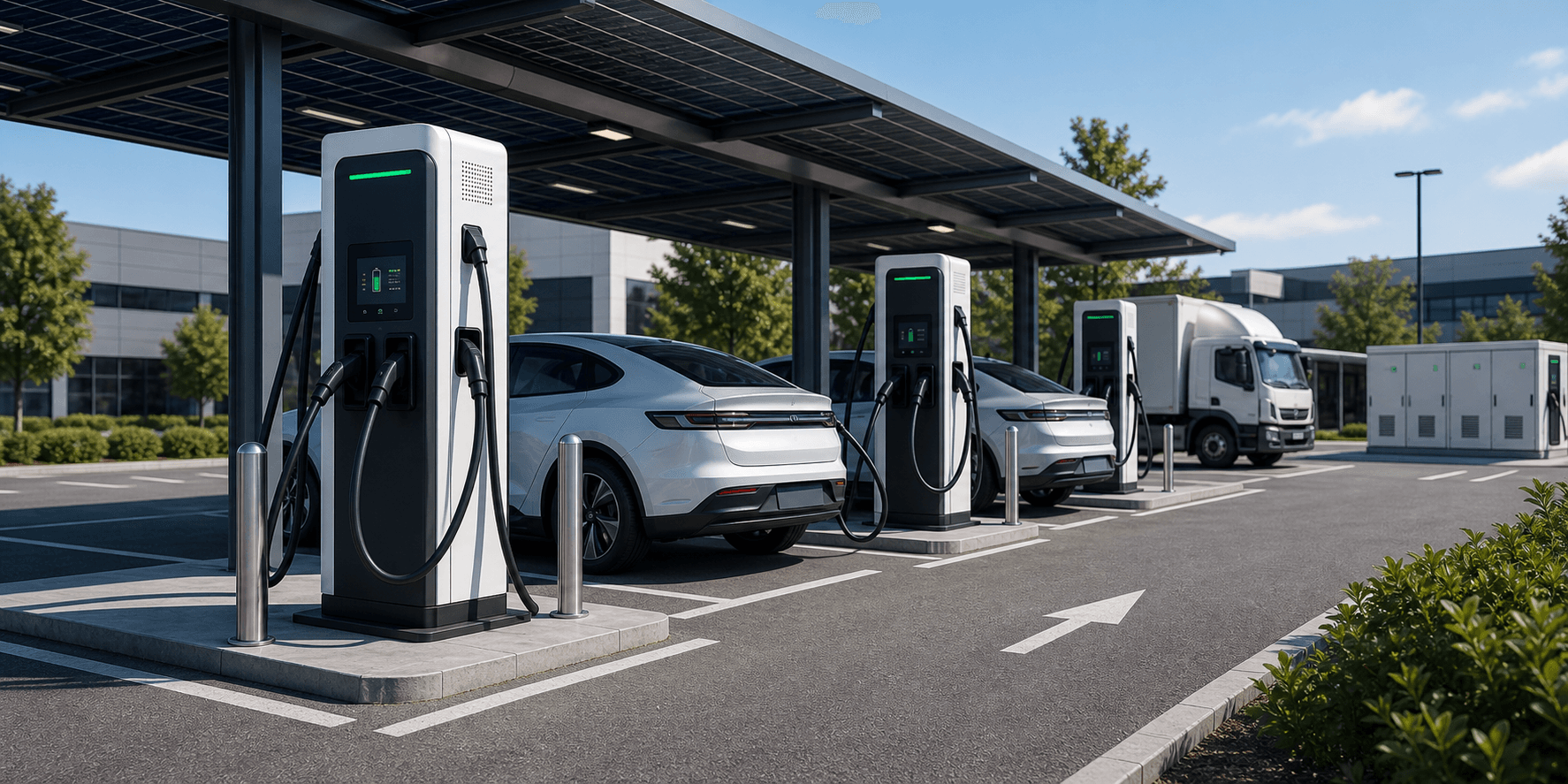Photorealistic EV charging plaza with premium DC chargers, solar canopy and commercial fleet-ready layout