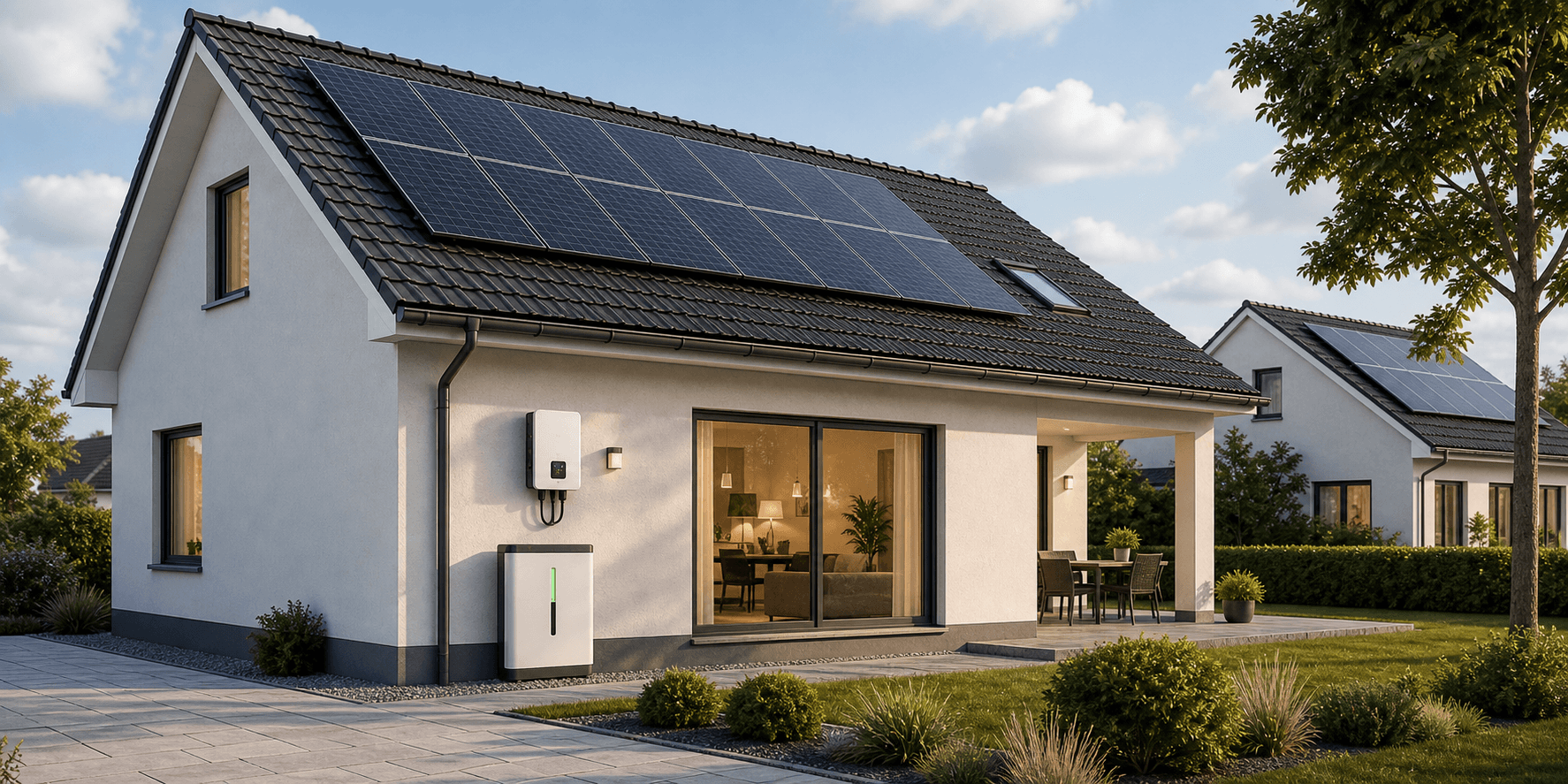 Photorealistic residential solar and home battery deployment on a modern house with clean rooftop integration