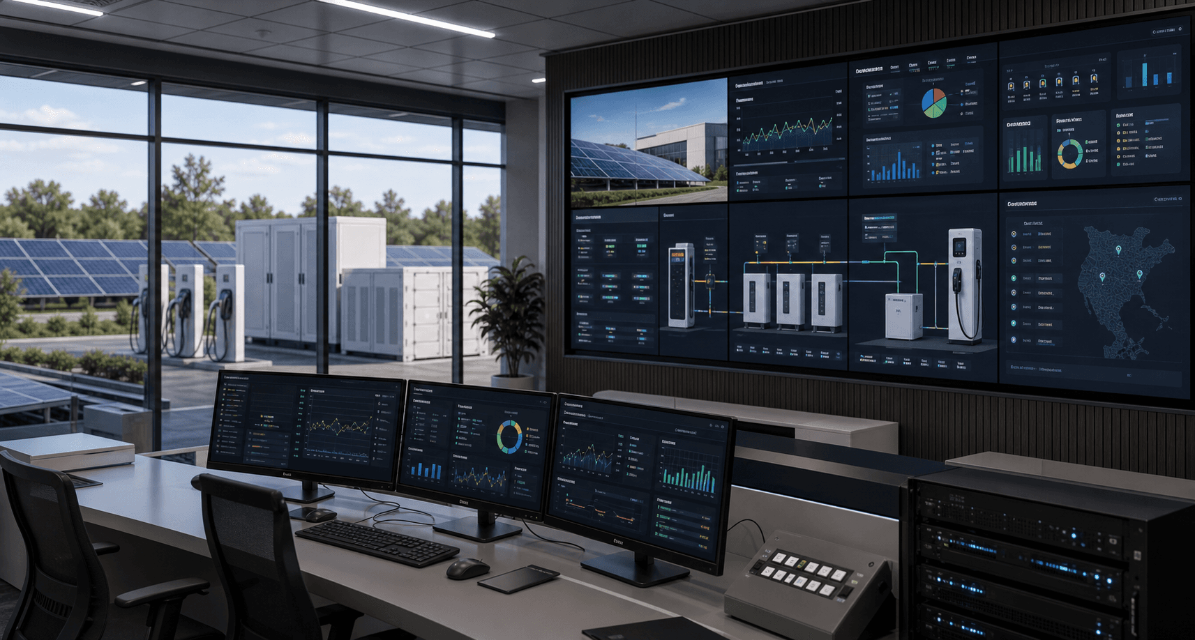 Photorealistic smart monitoring control room overseeing solar, storage and charging assets