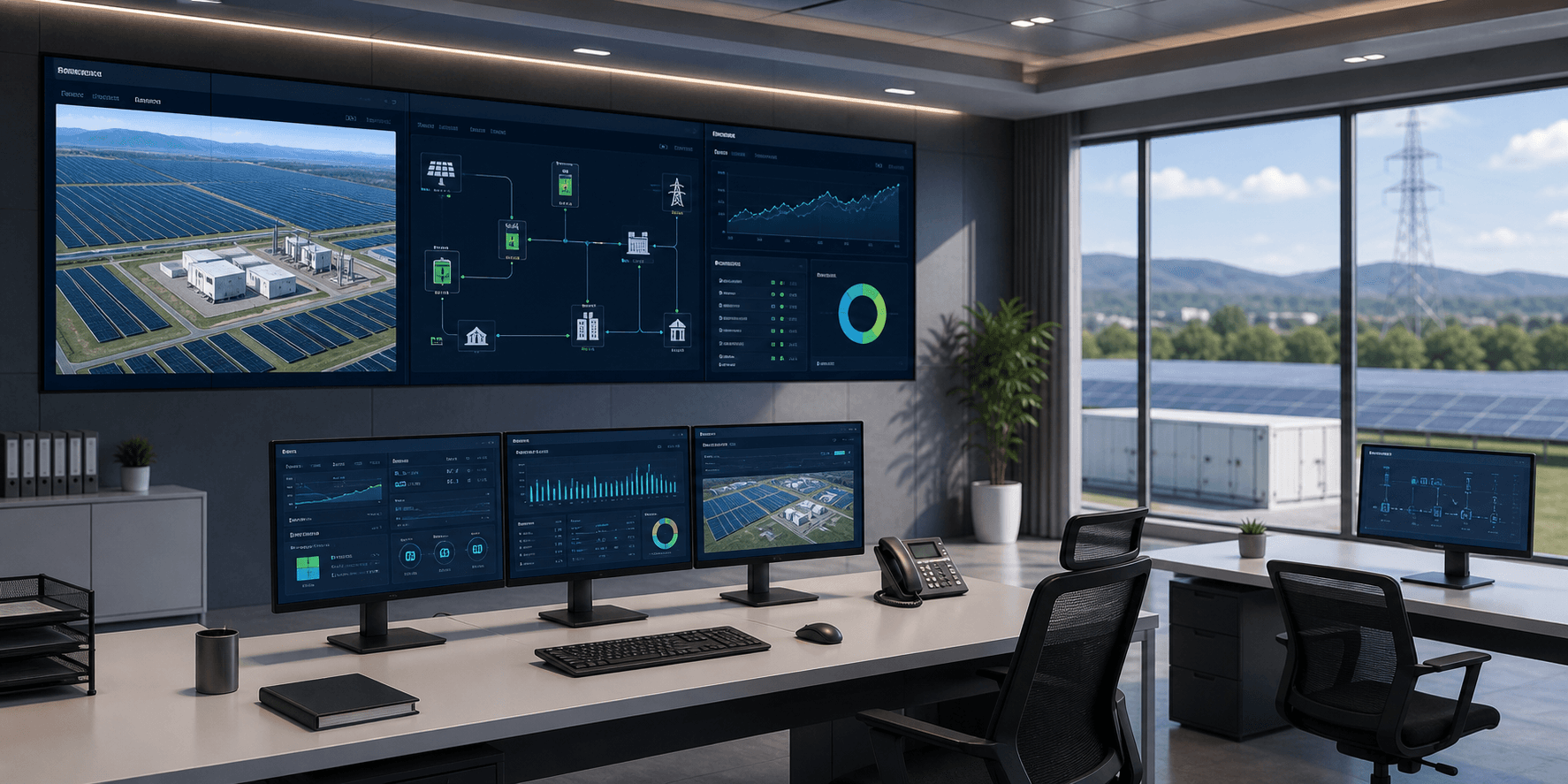 Photorealistic smart monitoring control room coordinating solar, storage and grid assets through integrated dashboards