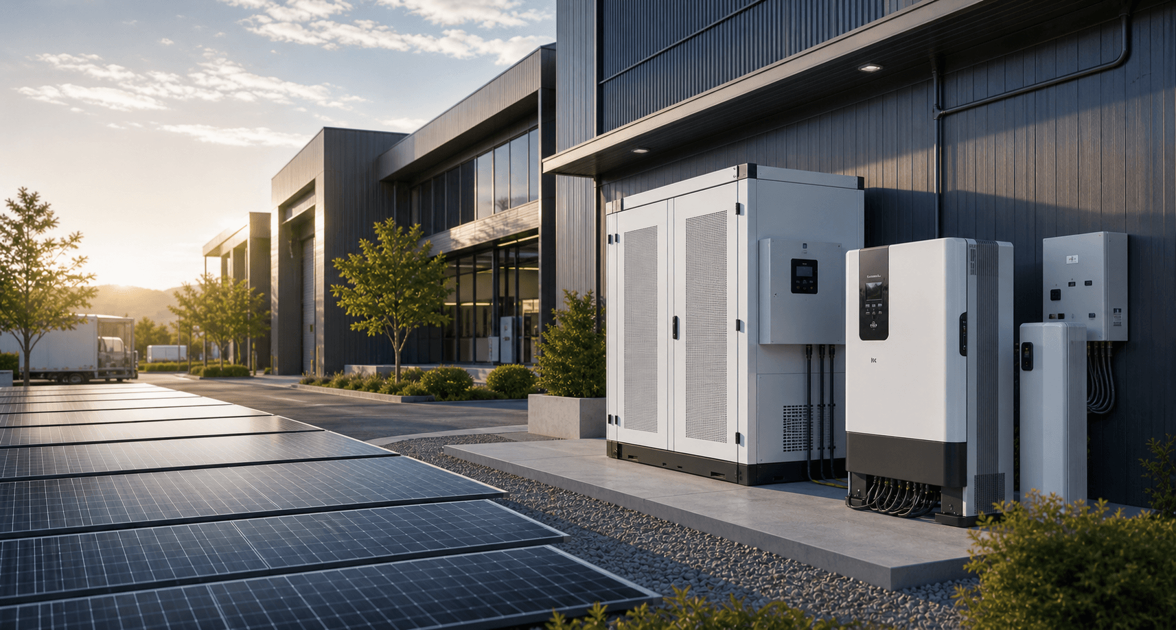 Photorealistic solar plus storage installation combining modules, inverter equipment and battery storage in one project scene