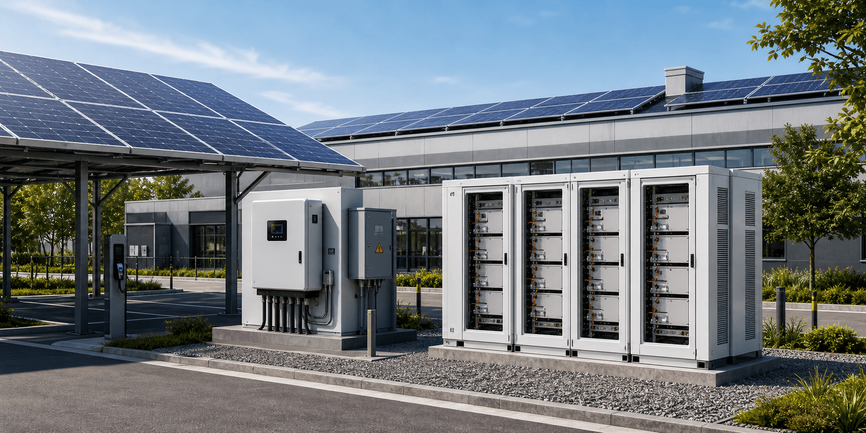 Photorealistic solar plus storage deployment flow linking rooftop modules, hybrid inverter, batteries and ESS cabinets
