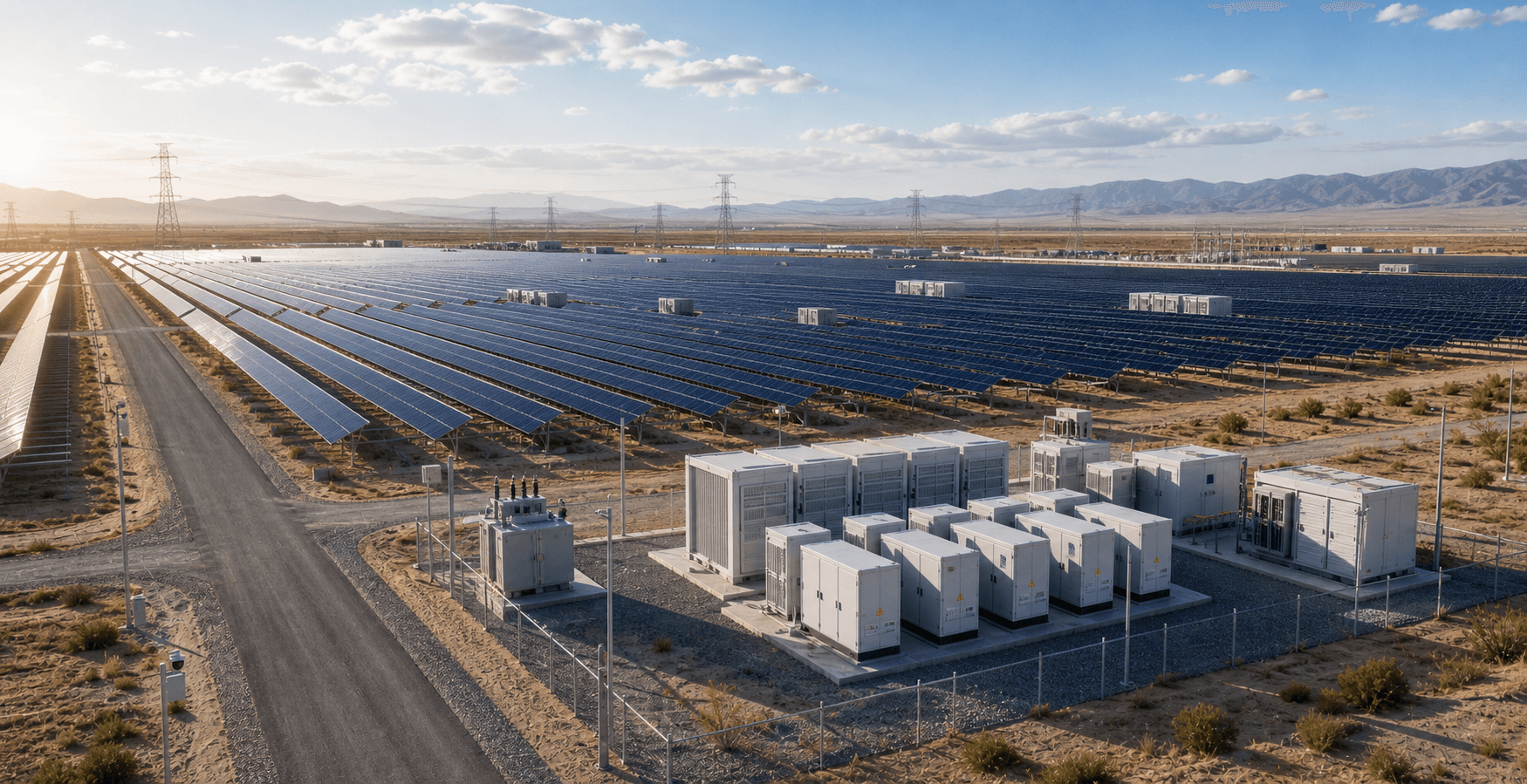 Photorealistic utility-scale solar farm with inverter blocks, storage equipment and grid infrastructure