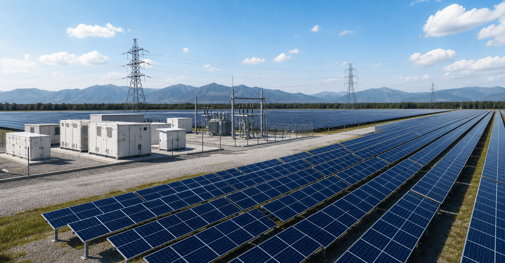 Photorealistic utility-scale solar farm with storage support and grid infrastructure in one engineered project scene