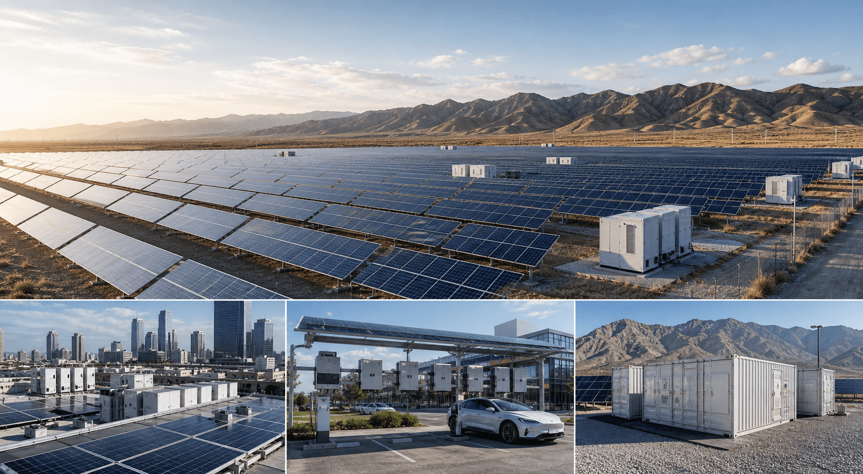 Photorealistic overseas solar project reference collage across utility, distributed and storage deployment contexts