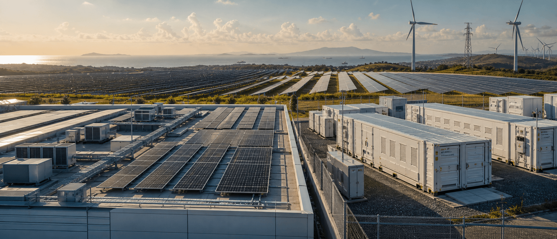 Photorealistic global solar and storage portfolio scene combining rooftop, utility and energy storage project contexts
