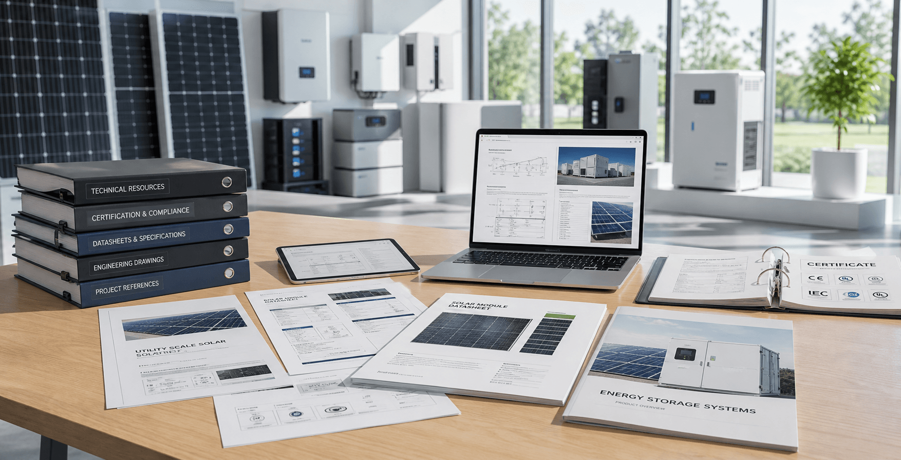 Photorealistic solar and storage technical resource scene with binders, datasheets, compliance files and product documentation