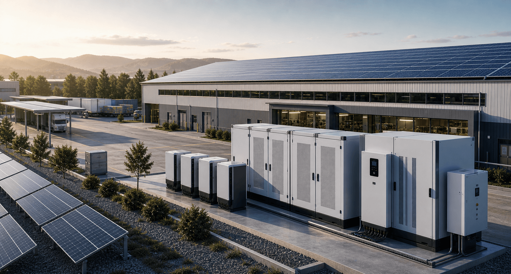 Photorealistic commercial and industrial solar plus storage deployment at a modern warehouse facility