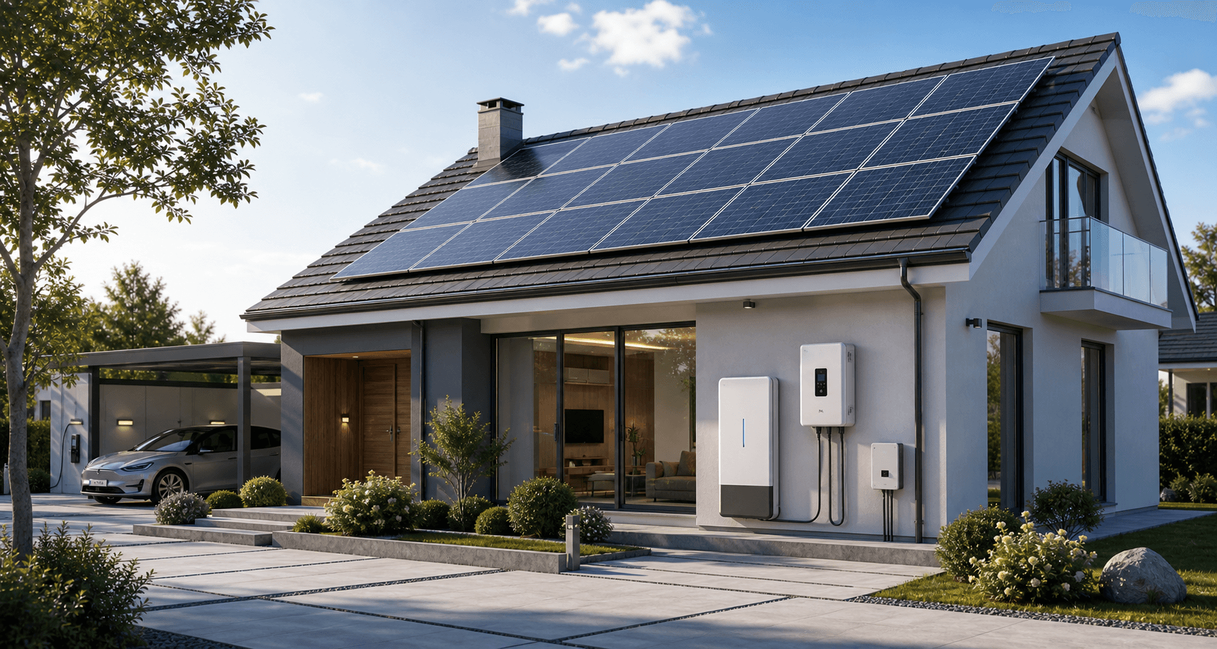 Photorealistic residential solar and home battery installation on a modern house